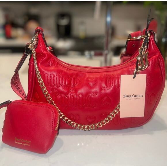 Juicy Couture Red Puff Quilted Half Moon Gold Chain Link Purse Coin Purse Set - Picture 4 of 11